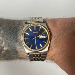 Mens Vintage Seiko V743-9020 Two Tone Gold Steel Bracelet 35mm Quartz Watch